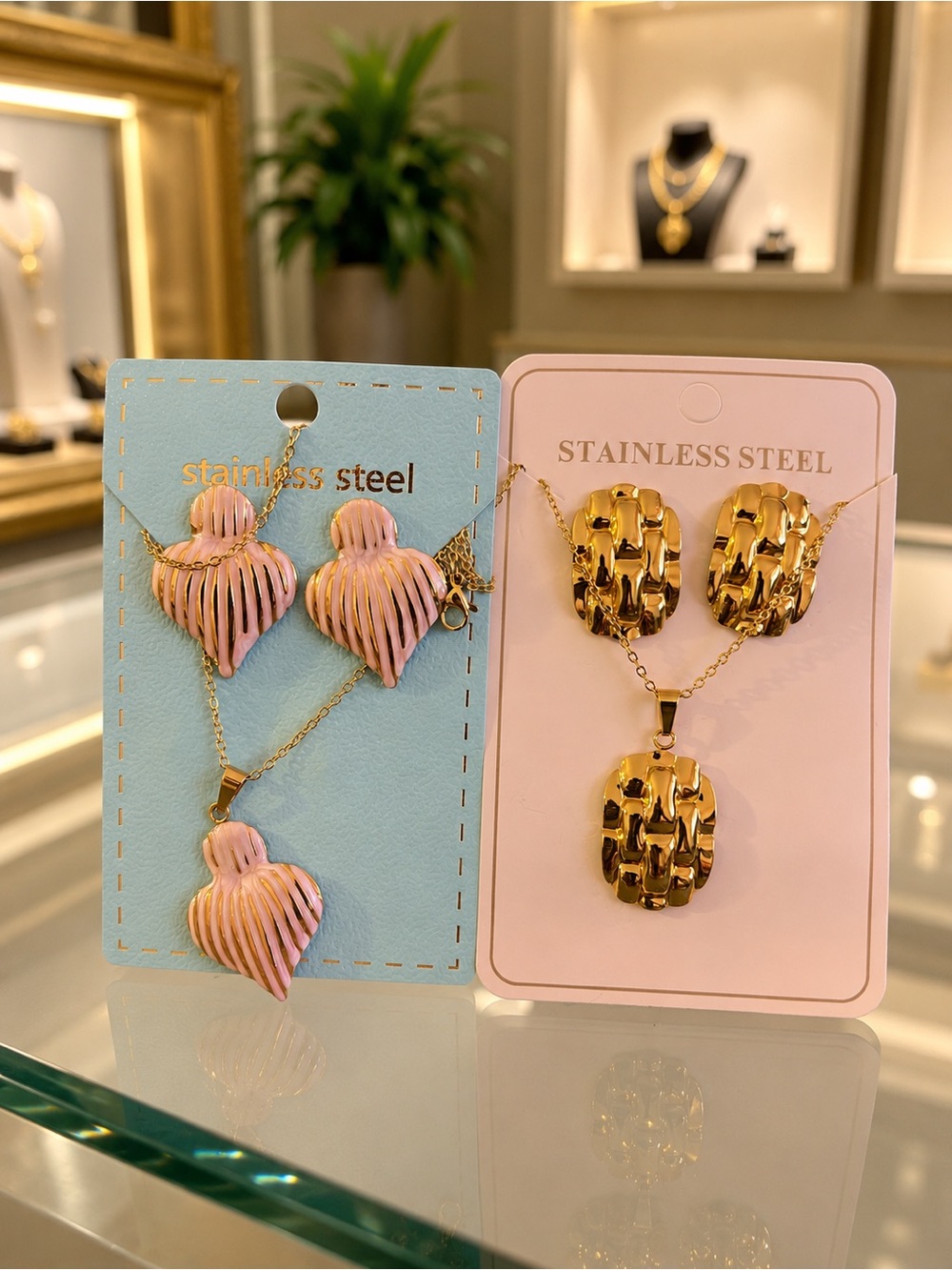 Gold and Pink Stainless Steel Pendant Necklace Set - Two-Style Women’s Jewelry